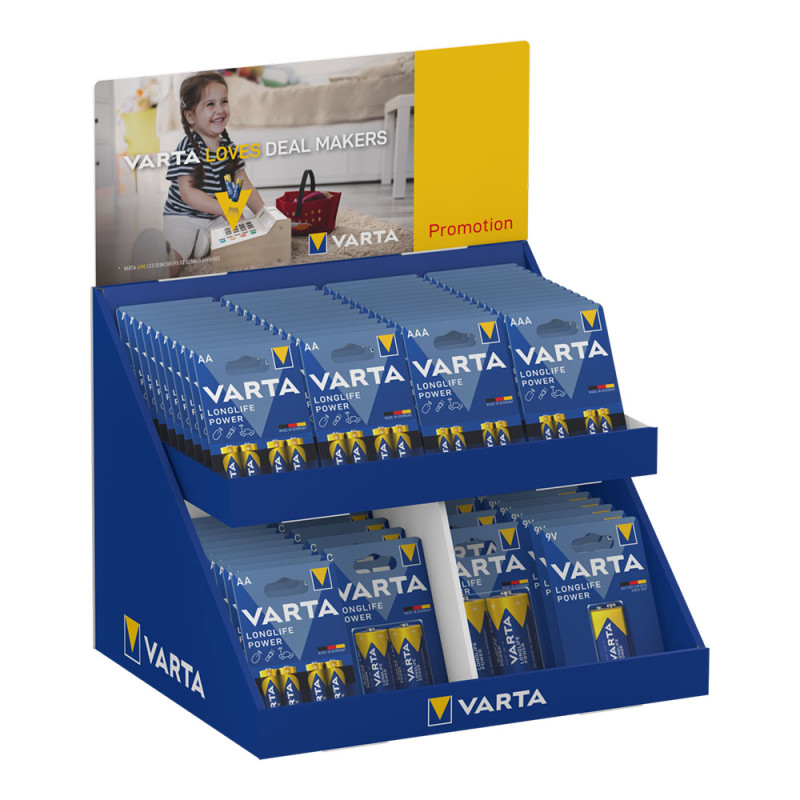 Expositor de carton de sobremesa con blisters varios aaa-aa-c-d-9v varta 43x36x29cm Expositor de carton de sobremesa con blisters varios aaa-aa-c-d-9v varta 43x36x29cm