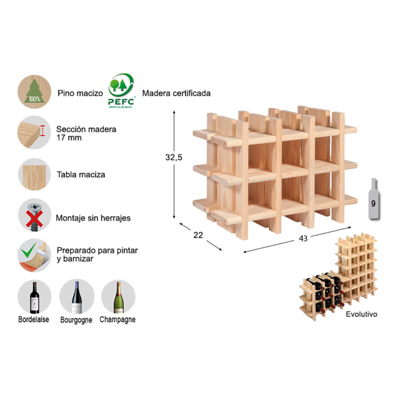 Botellero evolutivo rioja para 9 botellas pino macizo 43x22x32,5cm astigarraga Botellero evolutivo rioja para 9 botellas pino macizo 43x22x32,5cm astigarraga