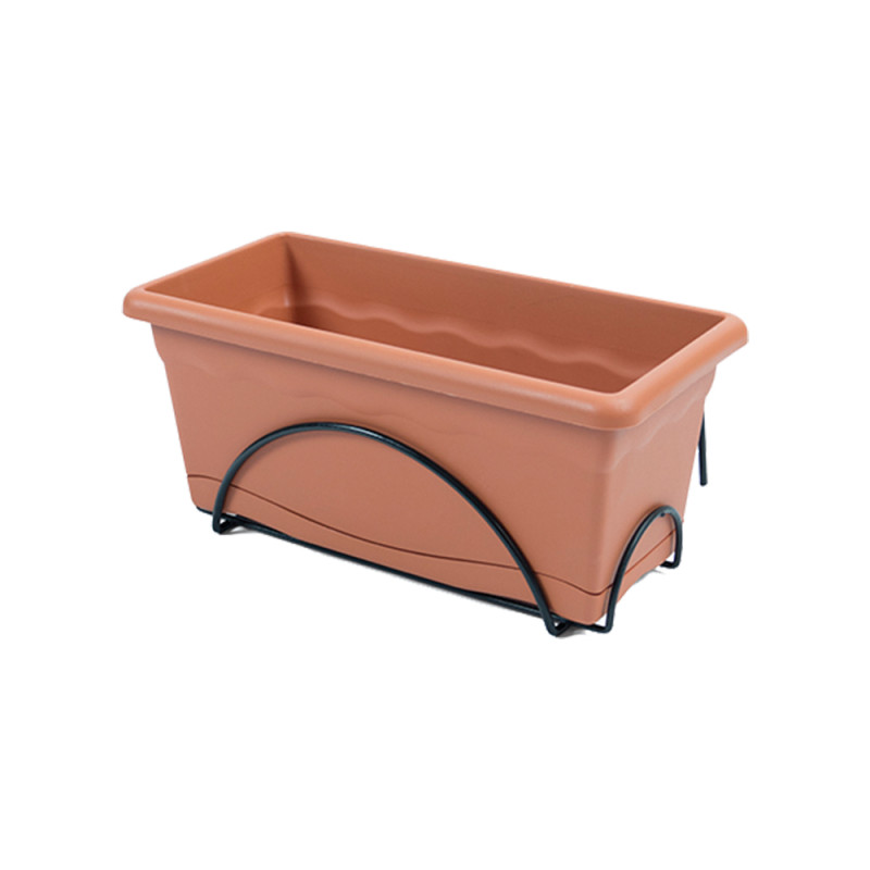Jardinera con plato integrado 40x24cm + soporte metalico. color terracota Jardinera con plato integrado 40x24cm + soporte metalico. color terracota