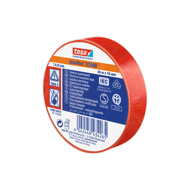Cinta aislante homologada roja 20 m x 19 mm Cinta aislante homologada roja 20 m x 19 mm