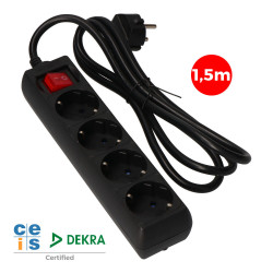 Prolongador con 4 tomas 2p+t, 16a 250v~ 1,5 m de cable h05vv-f 3g 1,5mm², con interruptor, negro
