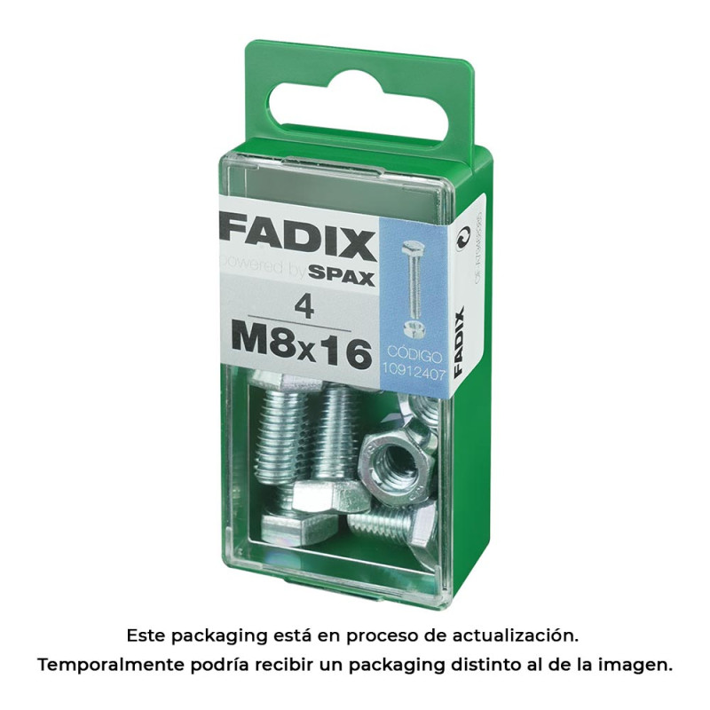 Caja s 4 unid. tornillo metrica cab hex+tuerca cinc m 8x16mm fadix Caja s 4 unid. tornillo metrica cab hex+tuerca cinc m 8x16mm fadix
