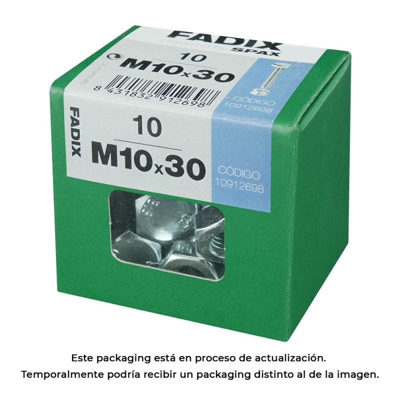 Caja l 10 unid. tornillo metrica cab hex+tuerca cinc m 10x30mm fadix Caja l 10 unid. tornillo metrica cab hex+tuerca cinc m 10x30mm fadix