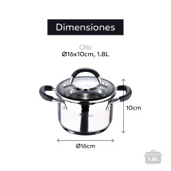Olla ø16x10cm 1,8l de acero inoxidable con tapa foodies bgmp-1504-bk masterpro