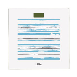 Báscula de baño electrónica blanca con rayas, máximo 150 kg