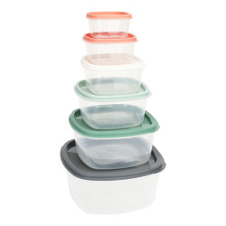 Set 6 fiambreras de plastico con tapas de colores y medidas diferentes.
