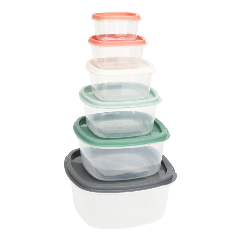 Set 6 fiambreras de plastico con tapas de colores y medidas diferentes. Set 6 fiambreras de plastico con tapas de colores y medidas diferentes.