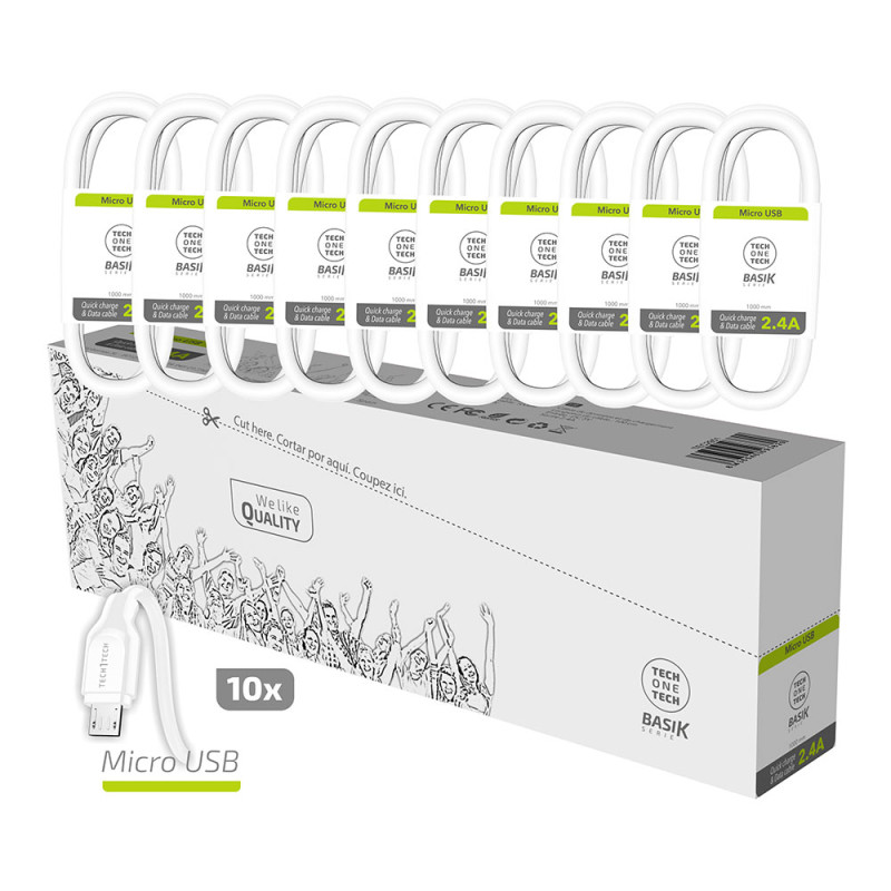 Pack ahorro 10 cables basik micro-usb 2,4a blanco tech one tech Pack ahorro 10 cables basik micro-usb 2,4a blanco tech one tech