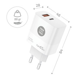 Cargador notebook/móvil 65w gan pd + cable 1,2m 5a tech one tech