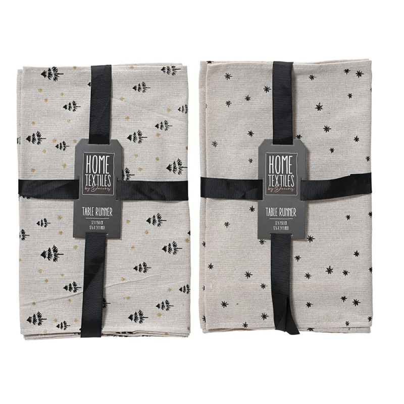 Camino de mesa con estampados en negro, 2 modelos, 32x150cm. Camino de mesa con estampados en negro, 2 modelos, 32x150cm.
