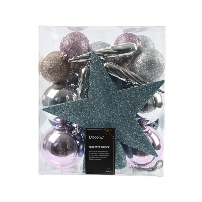 Juego de 33 adornos colores azul, lila y plata. Juego de 33 adornos colores azul, lila y plata.