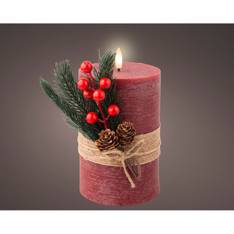 Vela roja de cera, led, superficie rústica con ramillete, ø10x18cm. Vela roja de cera, led, superficie rústica con ramillete, ø10x18cm.