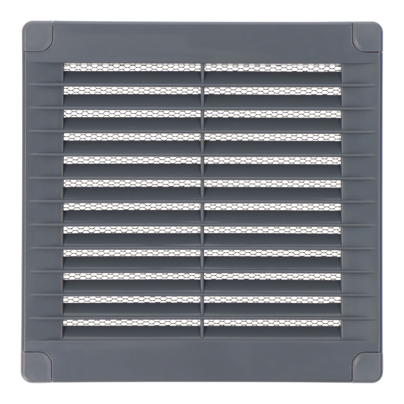 Rejilla ventilación cuadrada con tapones y mosquitera 150x150x7mm abs gris Rejilla ventilación cuadrada con tapones y mosquitera 150x150x7mm abs gris