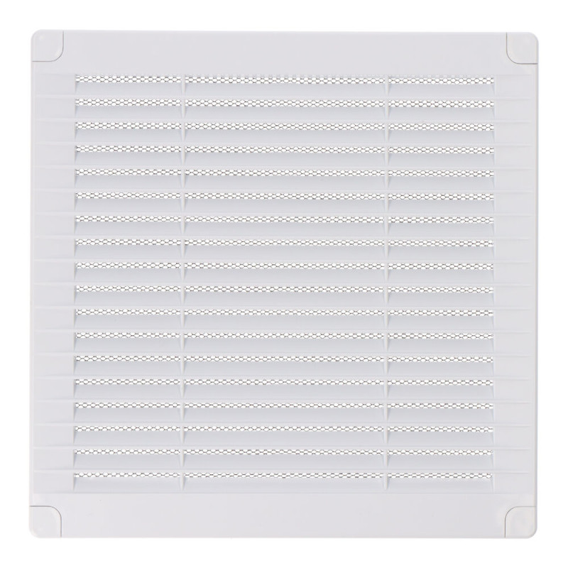 Rejilla ventilación cuadrada con tapones y mosquitera 200x200x7mm abs blanca Rejilla ventilación cuadrada con tapones y mosquitera 200x200x7mm abs blanca