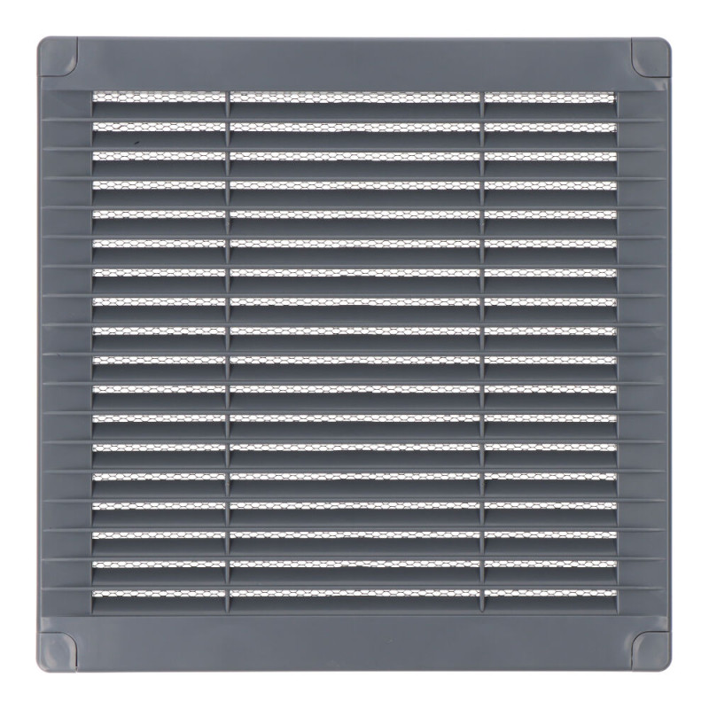 Rejilla ventilación cuadrada con tapones y mosquitera 200x200x7mm abs gris Rejilla ventilación cuadrada con tapones y mosquitera 200x200x7mm abs gris