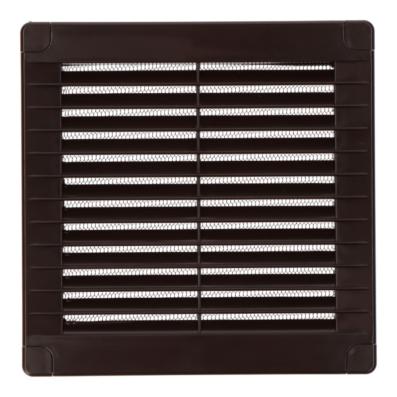 Rejilla ventilación cuadrada con tapones y mosquitera 150x150x7mm abs marrón Rejilla ventilación cuadrada con tapones y mosquitera 150x150x7mm abs marrón