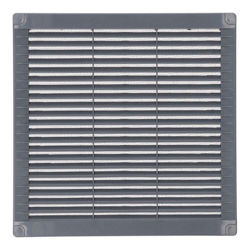 Rejilla ventilación cuadrada con tapones y mosquitera 250x250x7mm abs gris Rejilla ventilación cuadrada con tapones y mosquitera 250x250x7mm abs gris
