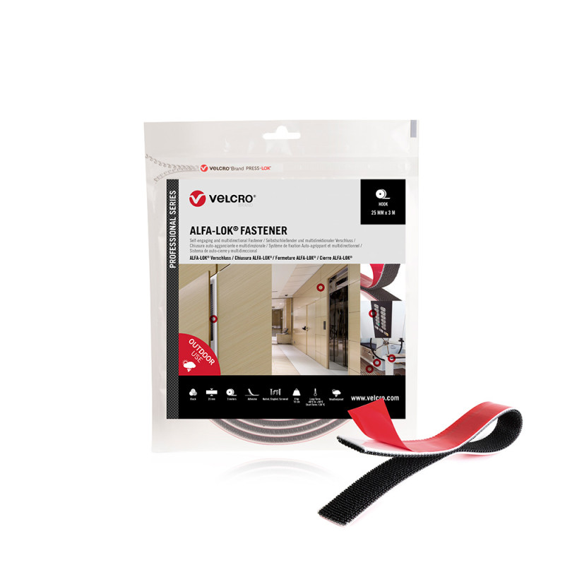 Cinta alfa-lok lineal de gancho, negra, 25 mm x 3 m Cinta alfa-lok lineal de gancho, negra, 25 mm x 3 m