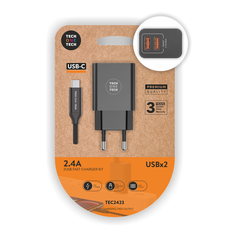 Cargador doble 2,4 a + cable nylon usb-c negro Cargador doble 2,4 a + cable nylon usb-c negro