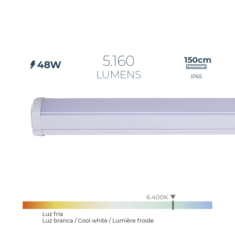Regleta led 48 w 6.400 k luz fria 5.160 lm 150 x 4,6 x 5,1 cm Regleta led 48 w 6.400 k luz fria 5.160 lm 150 x 4,6 x 5,1 cm