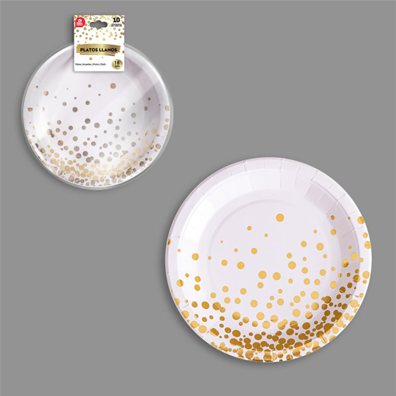 Plato llano cartón ø18 cm, blanco / dorado. 10 unidades Plato llano cartón ø18 cm, blanco / dorado. 10 unidades