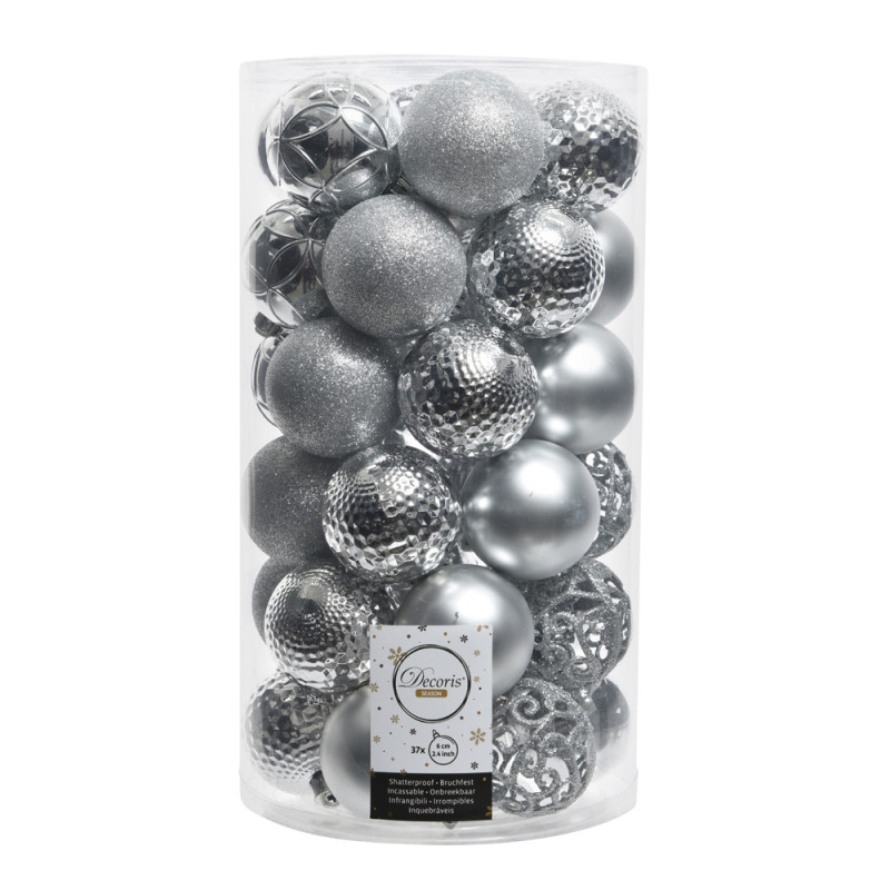 Tubo con 37 bolas plateadas decorativas para arbol de navidad ø6cm Tubo con 37 bolas plateadas decorativas para arbol de navidad ø6cm